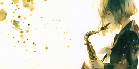 JAZZを演奏する女の子。演奏会イメージ素材。水彩画。イラスト。