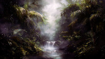 Fototapeta premium Enchanted Jungle River: A Mystical Waterfall in a Lush Tropical Paradise