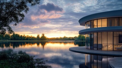 Modern circular house on lake at sunset.