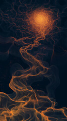 Abstract flowing design with glowing sun-like orb creating beautiful trails of orange light against a dark background