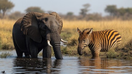 Fototapeta premium Elephant and Zebra drinking at a waterhole in the African savanna on a bright day