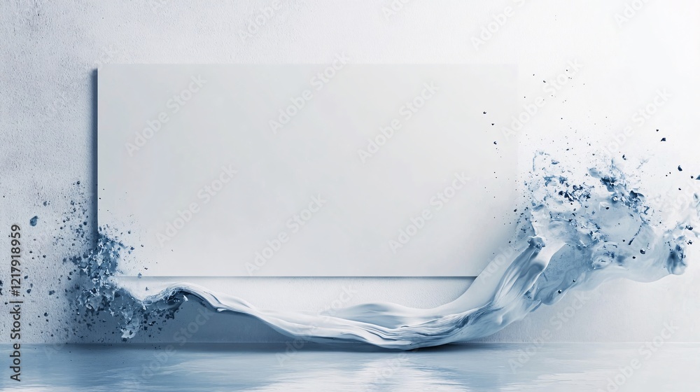 Poster white rectangular banner emerging from a blue splashing wave