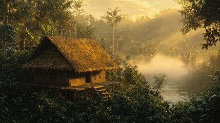 Sunrise over a secluded jungle hut.