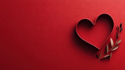   Two heart-shaped papers against a deep red backdrop, adorned with a plant sprig at their center