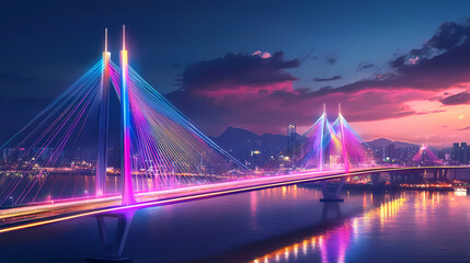 Obraz premium Futuristic city bridge at twilight with vibrant neon lights. Twilight Bridge. Illustration