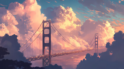 Fototapeta premium Golden gate bridge sunset with dramatic clouds. Twilight Bridge. Illustration