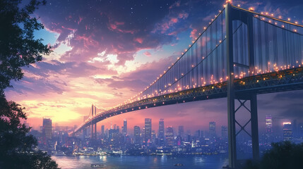 Obraz premium Illuminated suspension bridge at twilight over a city skyline. Twilight Bridge. Illustration