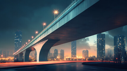 Fototapeta premium Modern concrete bridge illuminated by city lights at twilight urban architecture transportation and infrastructure. Twilight Bridge. Illustration