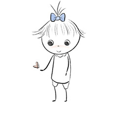 Little Cute kid with blue bow playing with butterfly heart