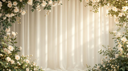 Elegant white draped fabric framed by soft white flowers and greenery. Perfect for wedding backdrops, formal events, or romantic-themed designs.