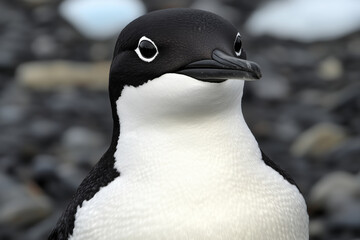 Naklejka premium Close up of an adelie penguin on a rocky surface in antarctica