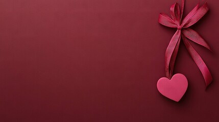   A red background adorned with a pink heart and a pink ribbon, topped by a bow at the end of the ribbon and another pink heart