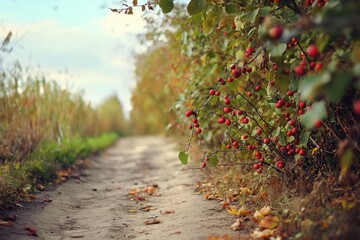 Scenic Pathway Surrounded by Lush Greenery and Vibrant Red Berries, Capturing the Beauty of Nature during Autumn Season