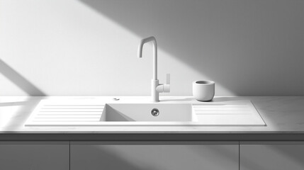 Kitchen sink with a. Kitchen, white, sink, cabinet rays, sun, light, window. Sunlight rays through a window of a building. Sunlight rays through window of a white kitchen with white sinks. Lifestyle.