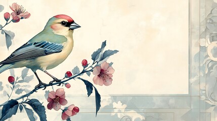 Serene bird perches delicately on blooming branch soft pastel hues create calming ambiance. AI Generated