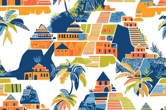 Art deco-inspired travel collage seamless pattern, stylized posters of Paris landmarks on white background