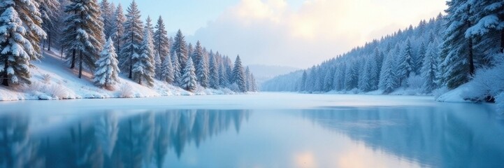 Fototapeta premium Frozen lake surface with snow-covered pine trees, snowy woods, pine