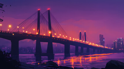 Fototapeta premium A long exposure shot of the bandra-worli sea link in mumbai, india, at sunset. the bridge is lit up, and the city skyline is visible in the background. Twilight Bridge. Illustration
