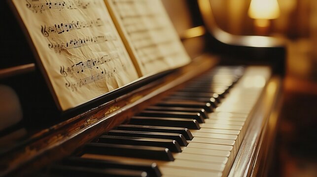 Sheet music on piano, close-up of notes on sheet music, soft lighting
