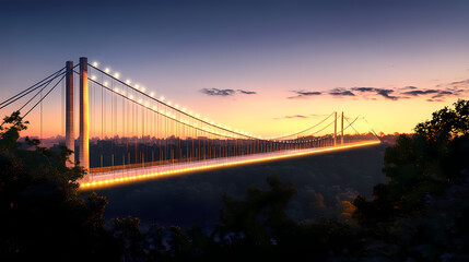 Fototapeta premium A panoramic view of a illuminated suspension bridge at dusk with clear skies. Twilight Bridge. Illustration