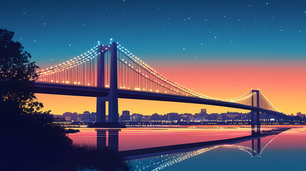Fototapeta premium A panoramic view of a illuminated suspension bridge at dusk with clear skies. Twilight Bridge. Illustration