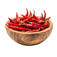 Freshly sliced red chili peppers in a wooden bowl on a clean transparent background for culinary use, Slice red chili in wood bowl isolated on transparent background