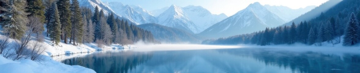 Frozen lake with trees and mountains in the background, ice, mountain, forested