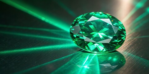 Brilliant green gemstone reflecting laser light in a dark environment showcasing intricate facets and sparkle