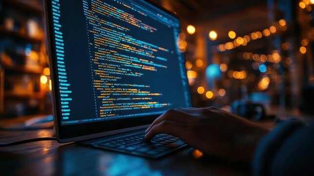Software development code, close-up of lines of code on a monitor, focused hands typing