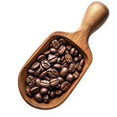 Obraz premium Roasted coffee beans in a wooden scoop on a tan background for a warm, inviting coffee experience, roasted coffee beans in wood scoop isolated on tansparent transparent background.