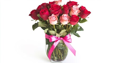 Fototapeta premium Vase filled with red and pink roses tied with a Valentines ribbon isolated on white