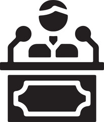 The illustration shows an icon of a stickman speaking on a podium silhouette