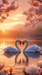 Two Swans Forming A Heart At Sunset Under Cherry Blossoms