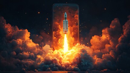 Rocket launching dramatically through vibrant orange clouds intense light. AI Generated
