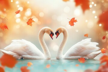 Fototapeta premium Two Swans Forming Heart Shape in Autumn Setting