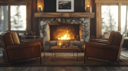 Cozy Living Room with Warm Lighting and Fireplace
