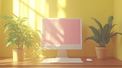 Minimalist Computer Setup With Plants In Sunlight