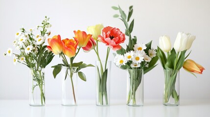 Naklejka premium A collection of vases adorned with blossoms atop a white table against a white backdrop