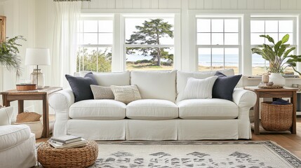 Fototapeta premium Cozy Living Room with White Sofa and Ocean View