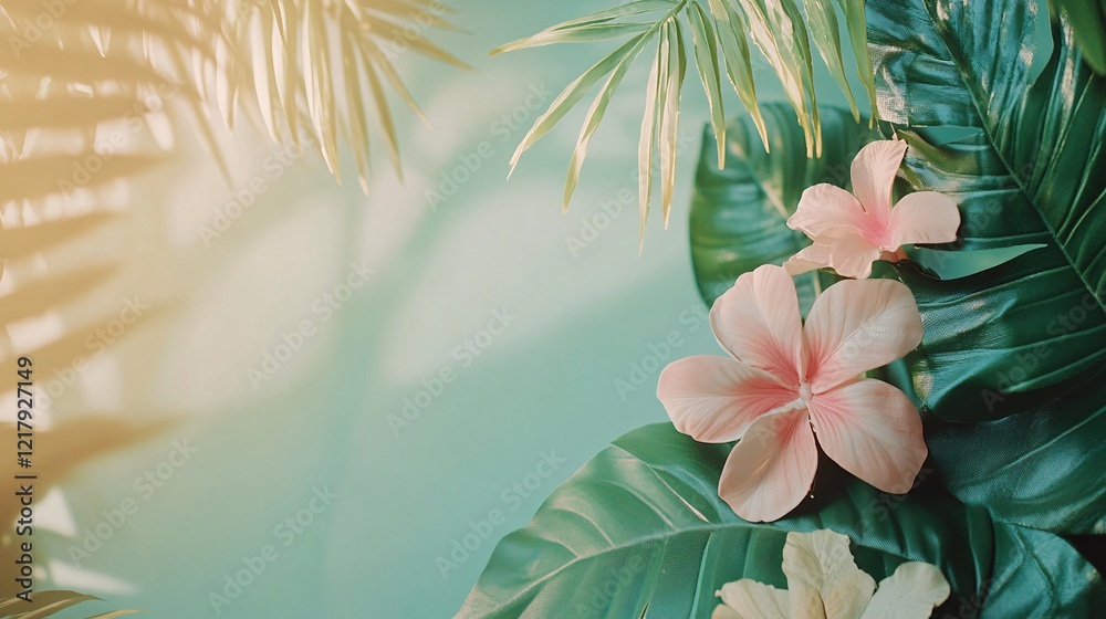 Aufkleber tropical background with hibiscus flowers and palm leaves creating summer mood