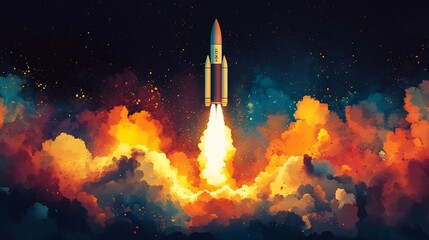 Powerful rocket dramatically ascends through vibrant orange and blue flames.. AI Generated