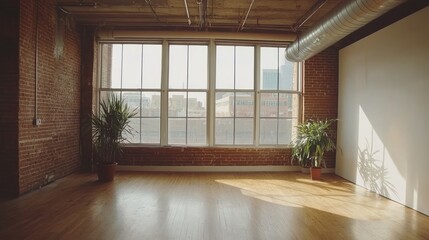 Sunlit loft interior with exposed brick walls, hardwood floors, and large windows.