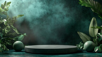 Empty marble podium surrounded by tropical plants on green background with smoke