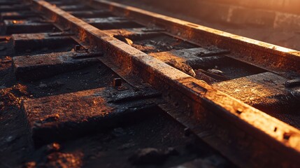 Close-up of rusty railroad tracks at sunset.