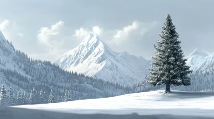 Lone evergreen tree on snowy mountain landscape.