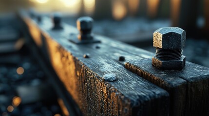 Close-up of weathered wooden beam with metal bolts and nuts at sunrise.