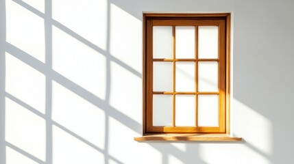 Sunlight streams through a small, wooden window on a white wall, casting grid-like shadows.