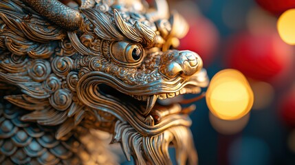 Exquisite Golden Dragon Sculpture with Bokeh Background Effects
