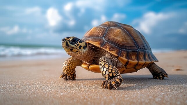 Turtle walking on beach, close-up of turtle shell and feet, sandy beach in the background