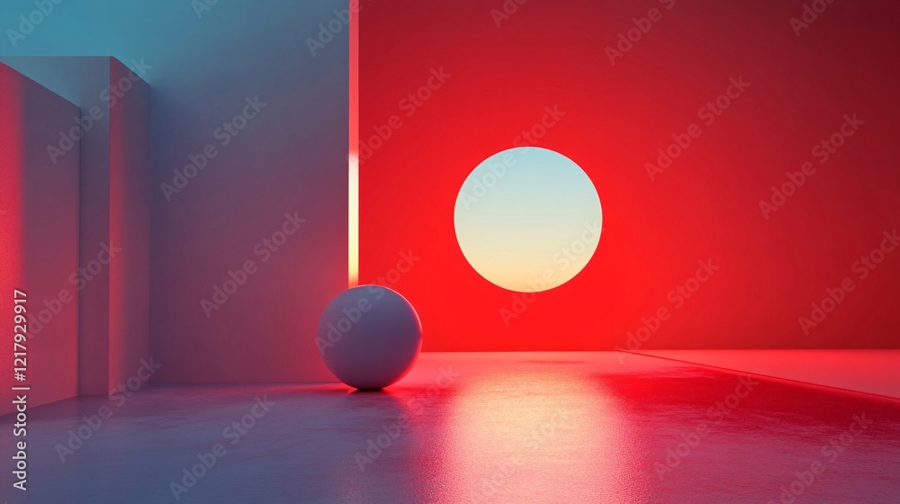 Aufkleber Minimalist abstract background with white sphere illuminated by a red light passing through a circular opening